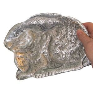 Vintage Silver Tone Metal Rabbit Bunny Dish Plate Trinket Holder Decor